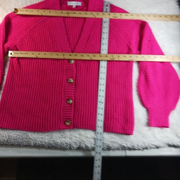 Madison Gray Women’s Pink 4 Button  Cardigan Knit Balloon Sleeve V-Neck Size L - Picture 6 of 8